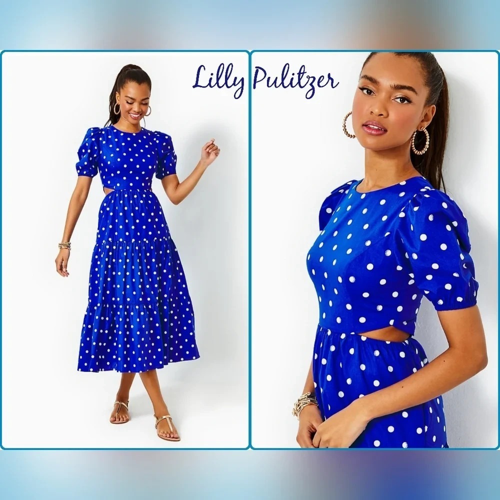 Lilly Pulitzer Lyssa Blue Polka Dot Cotton Midi Dress Size 4